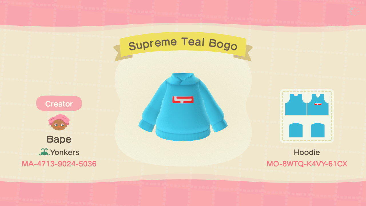 Animal Crossing Design Code: MO-8WTQ-K4VY-61CX Supreme Teal Bogo