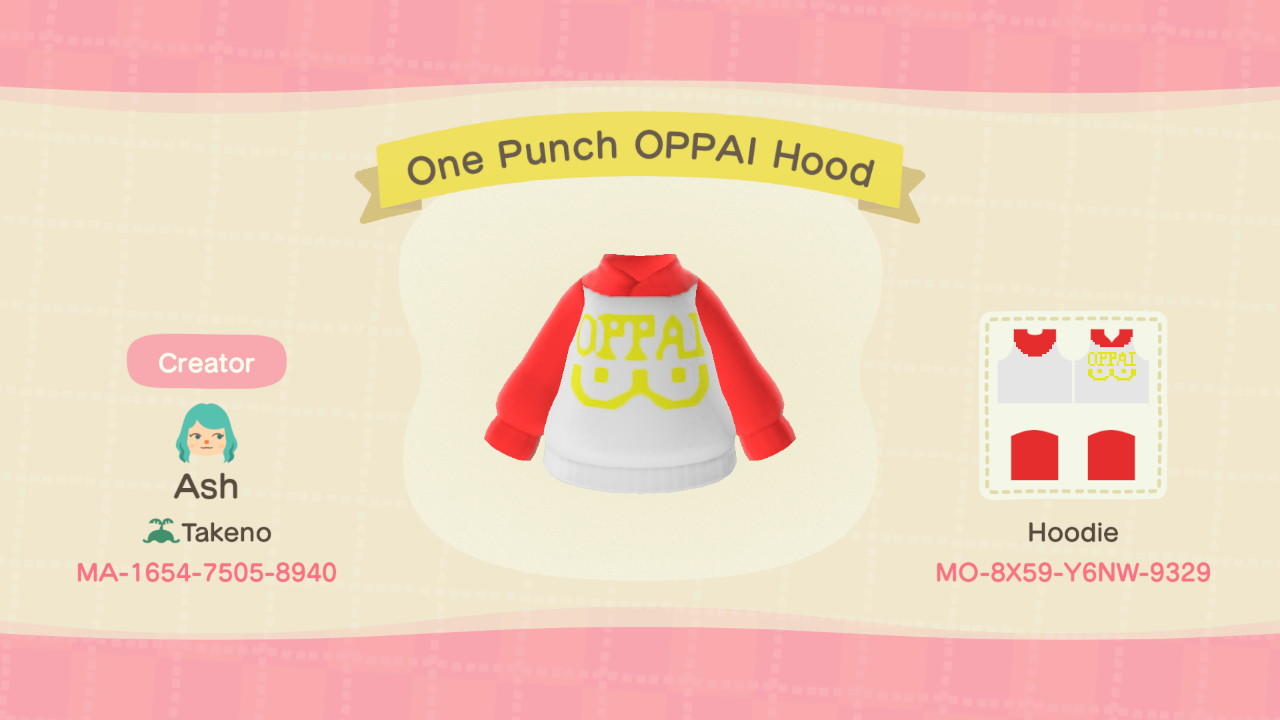 Animal Crossing Design Code: MO-8X59-Y6NW-9329 One Punch OPPAI Hood