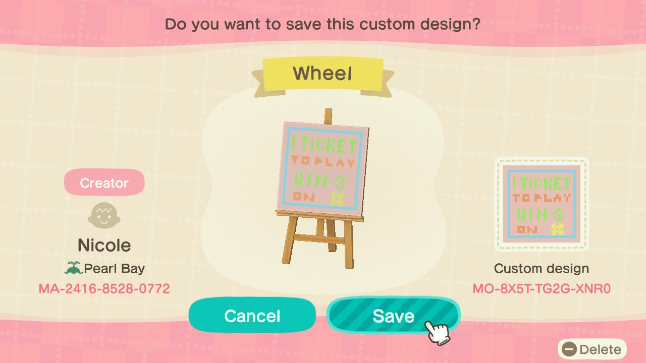 Animal Crossing Design Code: MO-8X5T-TG2G-XNR0 Wheel Game