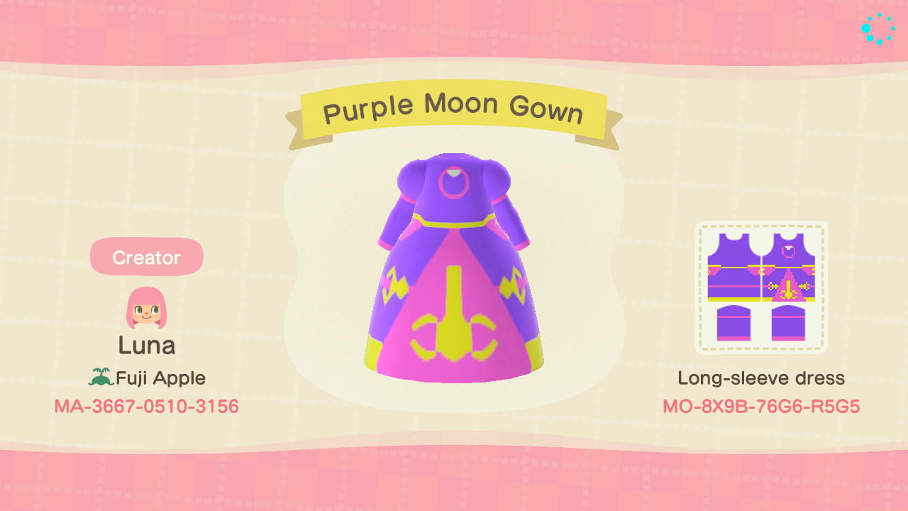 Animal Crossing Design Code: MO-8X9B-76G6-R5G5 Purple Moon Gown