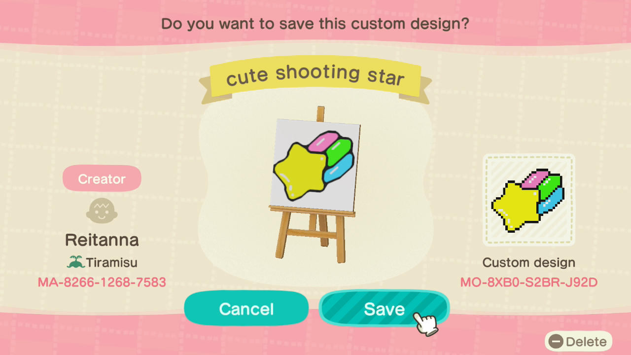 Animal Crossing Design Code: MO-8XB0-S2BR-J92D cute shooting star