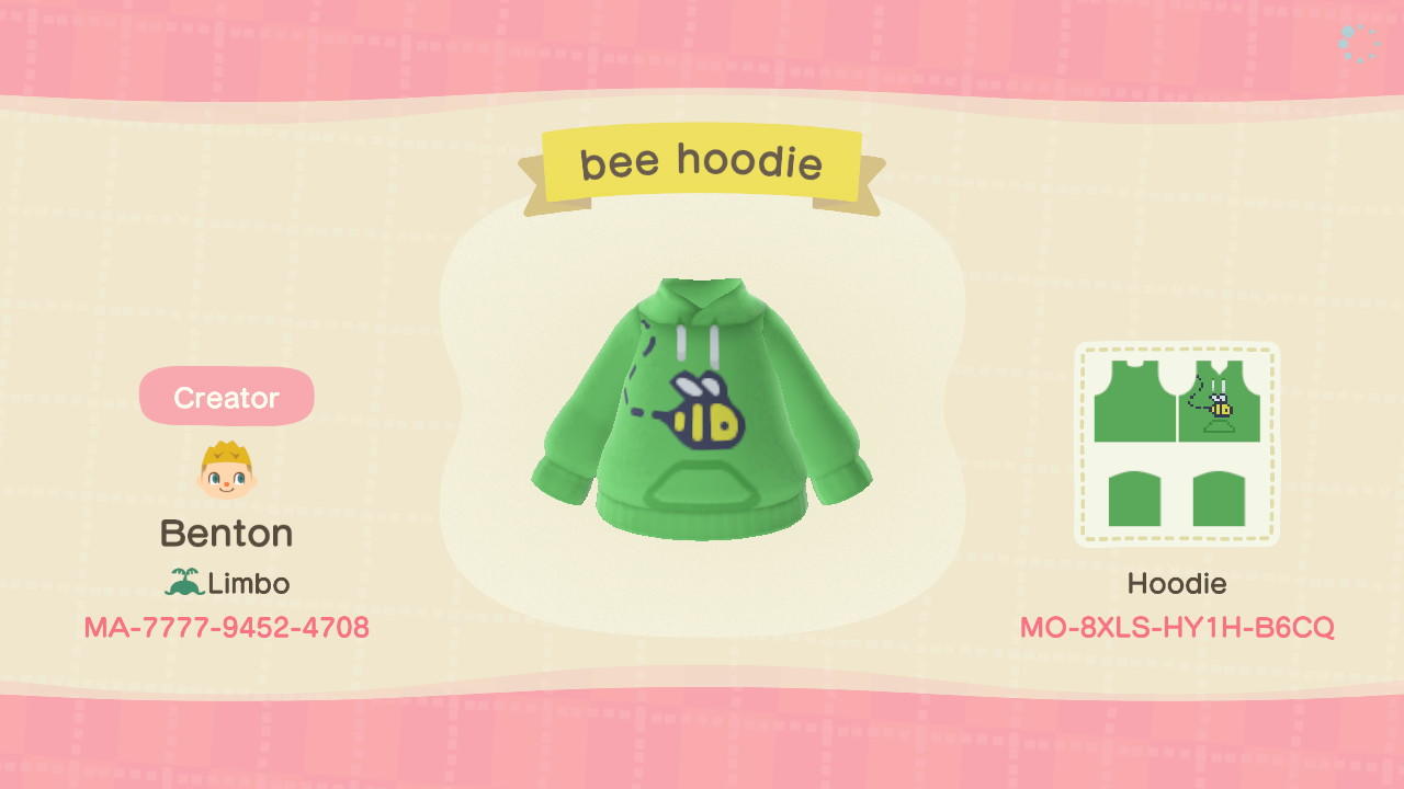 Animal Crossing Design Code: MO-8XLS-HY1H-B6CQ Bee Hoodie