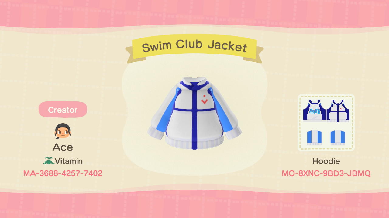 Animal Crossing Design Code: MO-8XNC-9BD3-JBMQ Swim Club Jacket