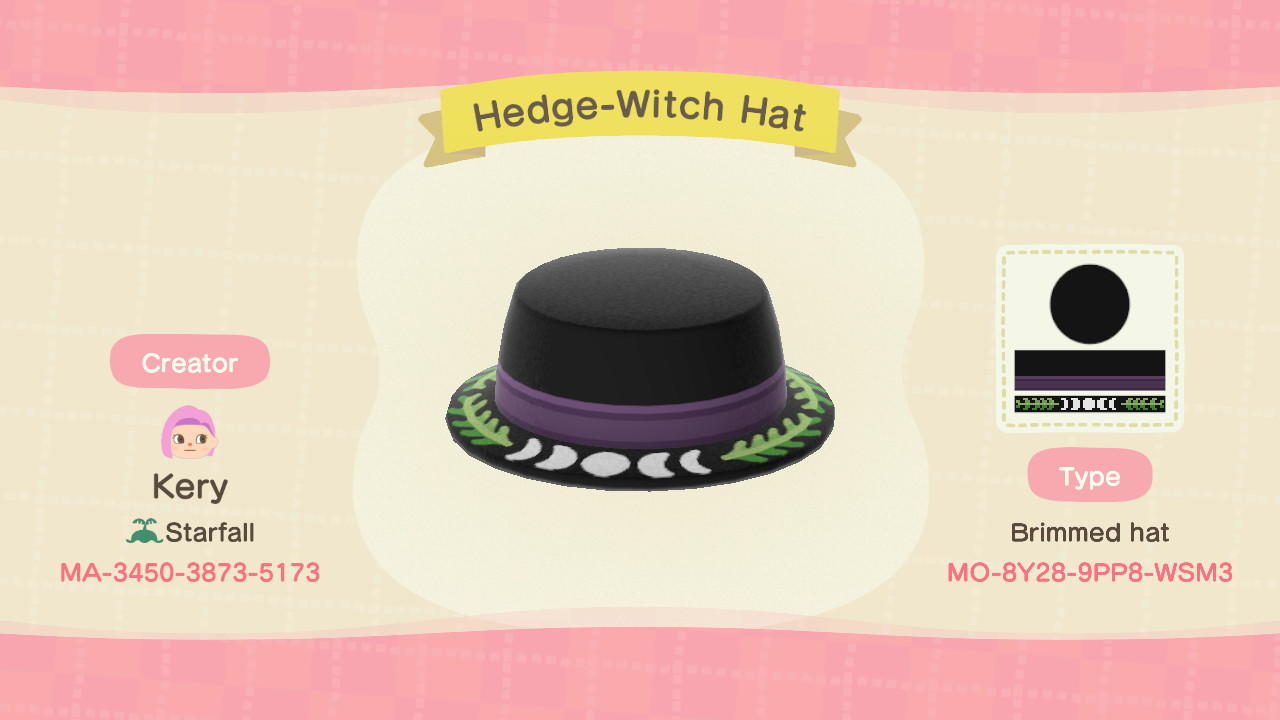 Animal Crossing Design Code: MO-8Y28-9PP8-WSM3 Hedge-Witch Hat