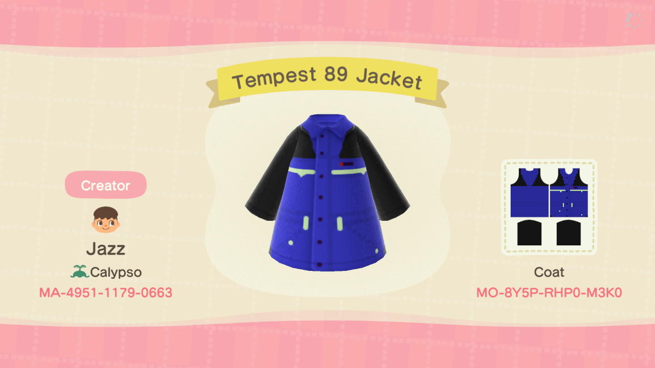 Animal Crossing Design Code: MO-8Y5P-RHP0-M3K0 Tempest 89 Jacket