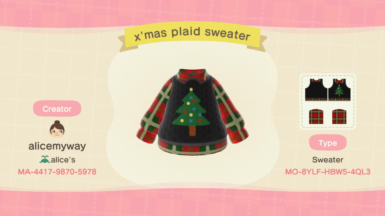Animal Crossing Design Code: MO-8YLF-HBW5-4QL3 X'mas Plaid sweater
