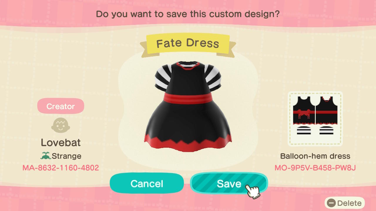 Animal Crossing Design Code: MO-905V-B458-PWBJ Fate Dress