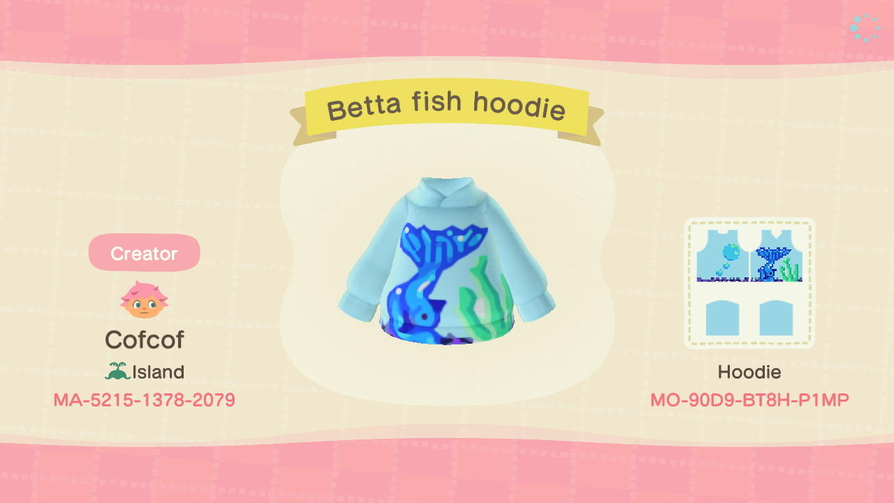 Animal Crossing Design Code: MO-90D9-BT8H-P1MP Betta fish hoodie