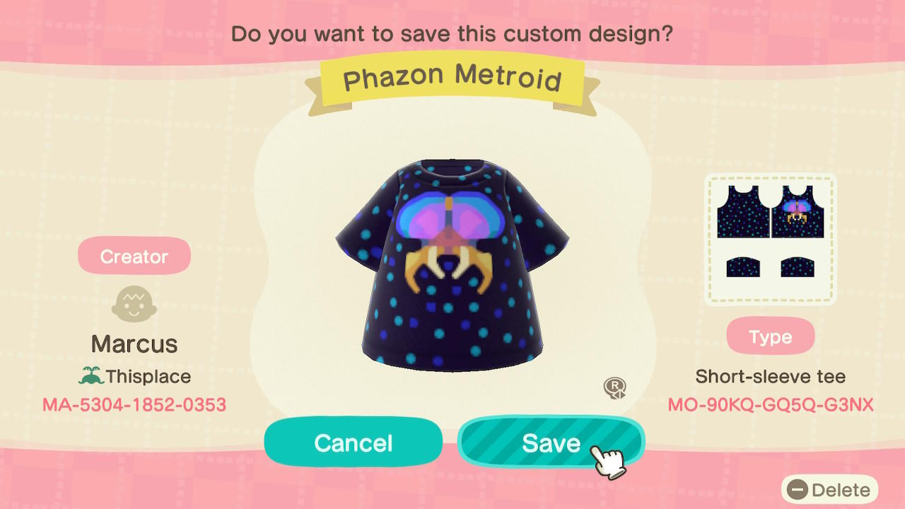 Animal Crossing Design Code: MO-90KQ-GQ5Q-G3NX Phazon Metroid