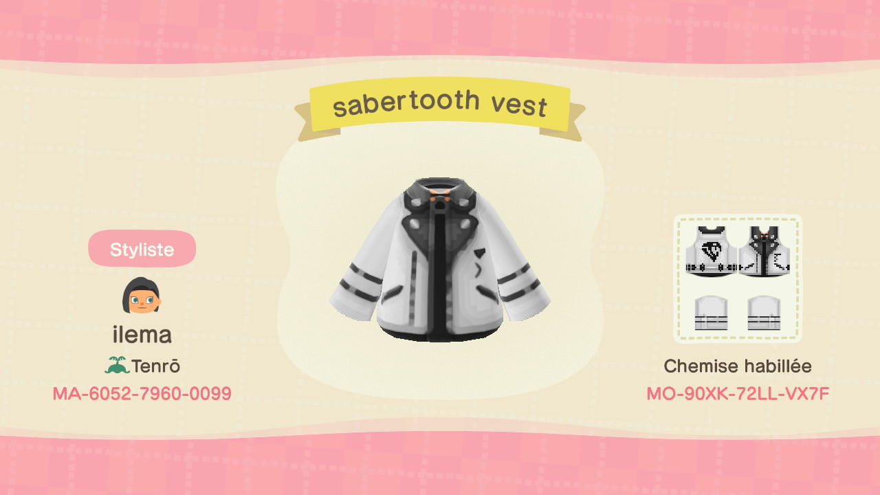 Animal Crossing Design Code: MO-90XK-72LL-VX7F Sabertooth vest