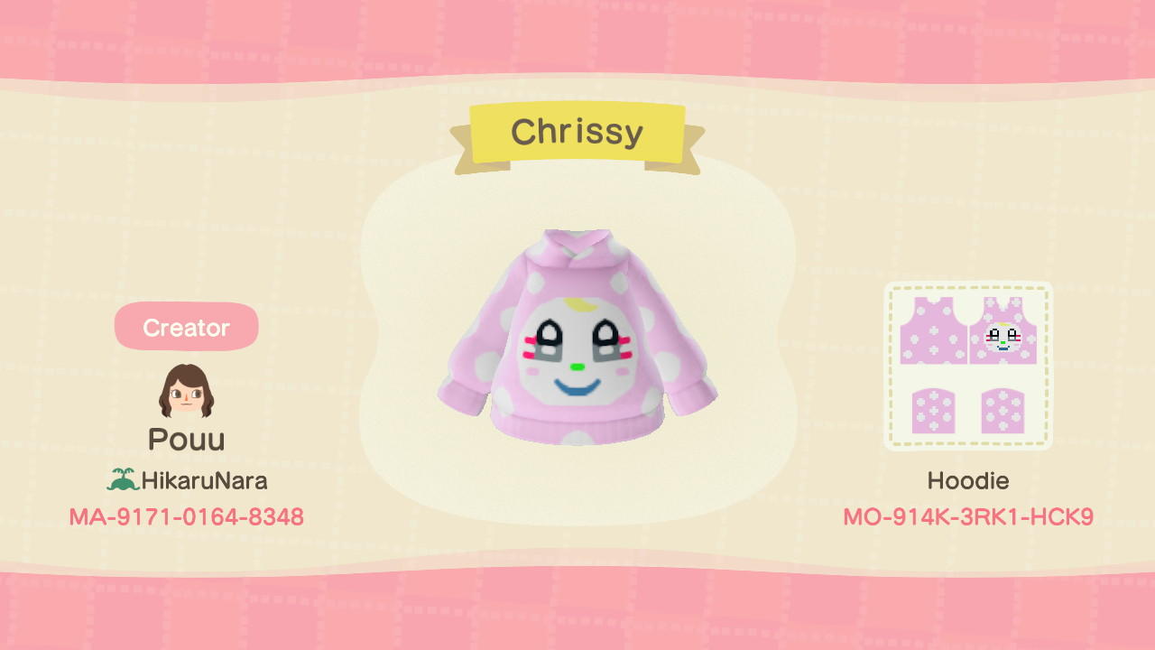 Animal Crossing Design Code: MO-914K-3RK1-HCK9 Chrissy Hoodie