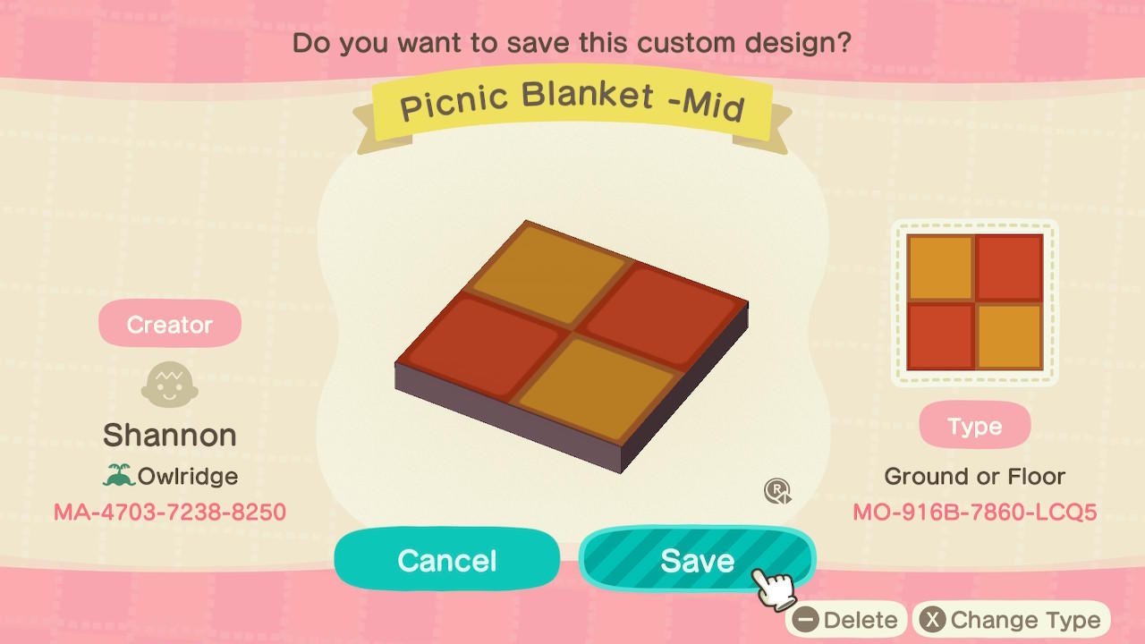 Animal Crossing Design Code: MO-916B-7860-LCQ5 Fall Picnic Blanket
