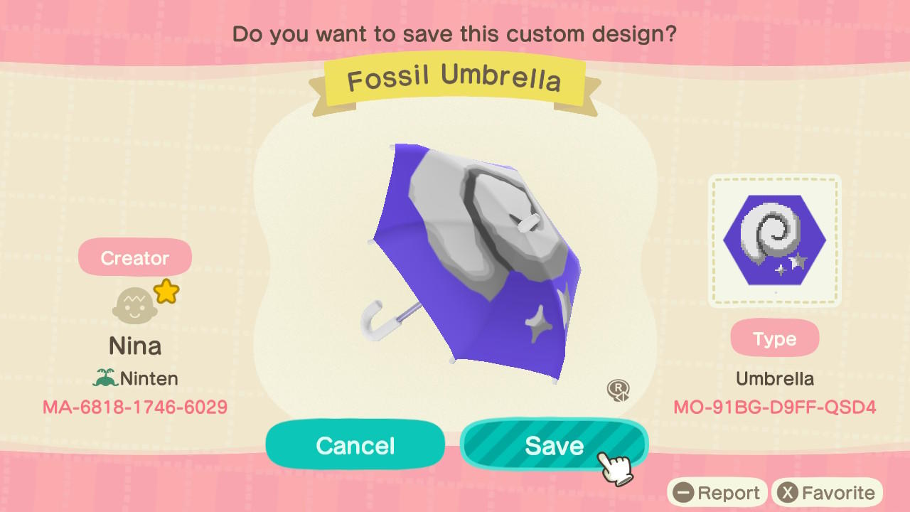 Animal Crossing Design Code: MO-91BG-D9FF-QSD4 Fossil Umbrella