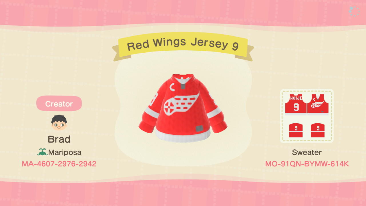 Animal Crossing Design Code: MO-91QN-BYMW-614K Red Wings Jersey 9