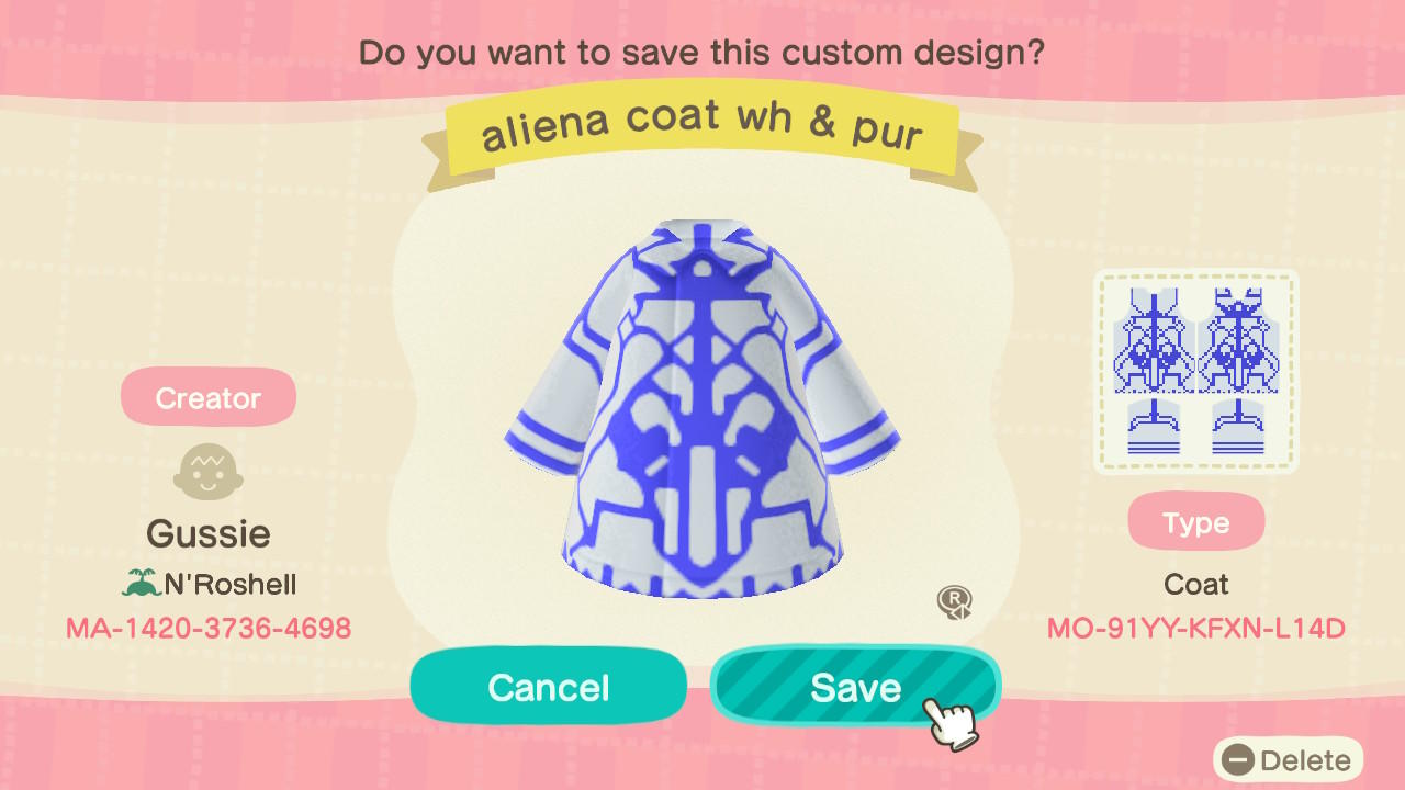 Animal Crossing Design Code: MO-91YY-KFXN-L14D Aliena African Per W