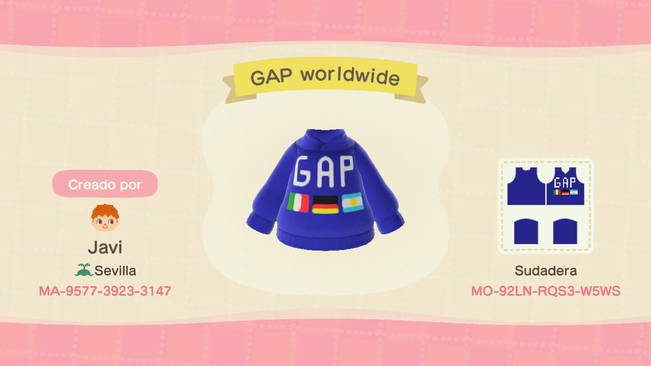 Animal Crossing Design Code: MO-92LN-RQS3-W5WS GAP worldwide