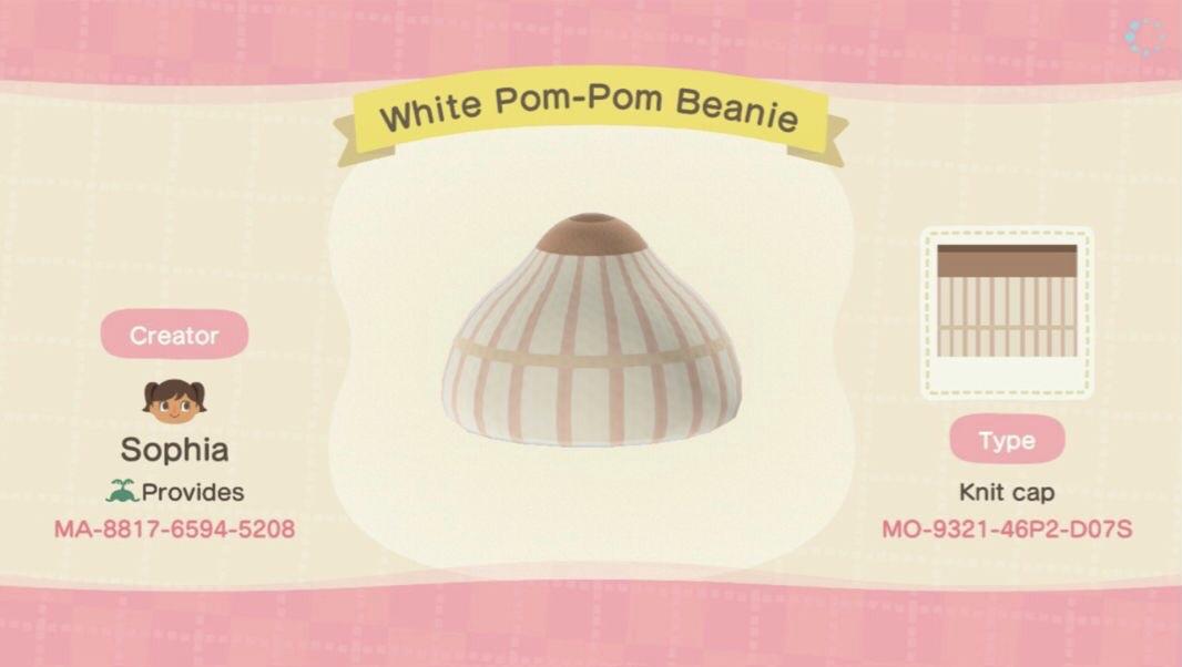 Animal Crossing Design Code: MO-9321-46P2-D07S White Pom-Pom Beanie