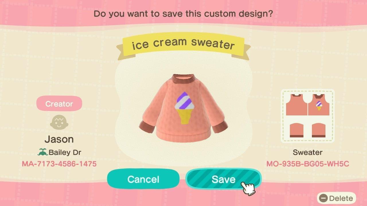 Animal Crossing Design Code: MO-935B-BG05-WH5C Ice cream sweater