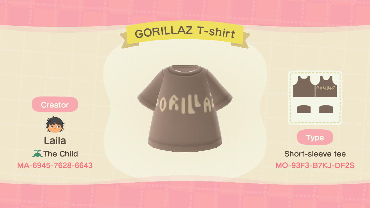 Animal Crossing Design Code: MO-93F3-B7JK-DF2S Gorillaz T-shirt