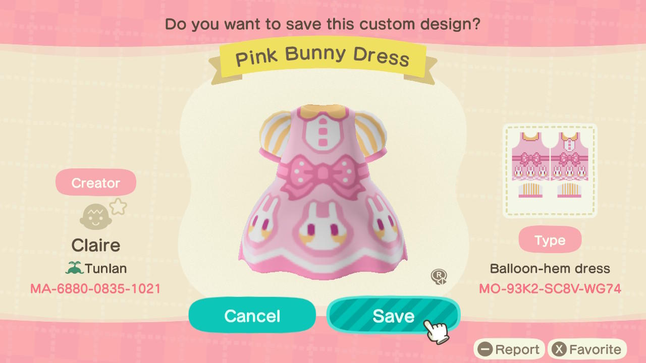 Animal Crossing Design Code: MO-93K2-SC8V-WG74 Pink Bunny Dress