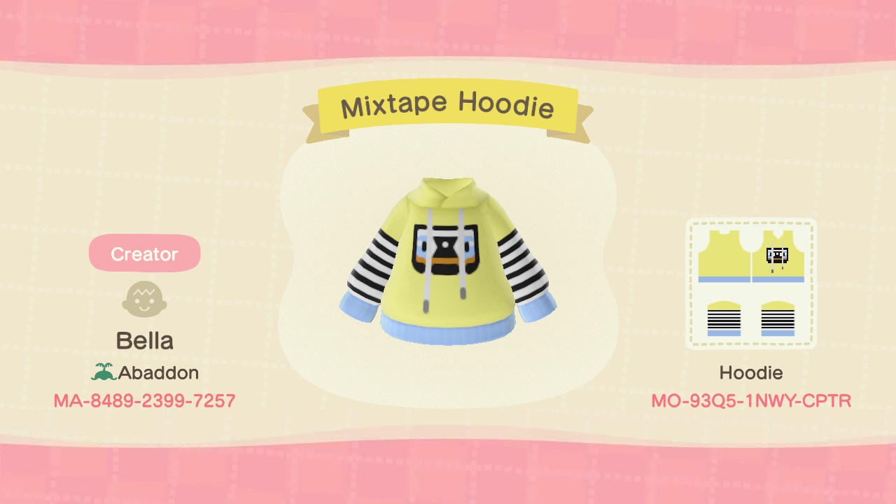 Animal Crossing Design Code: MO-93Q5-1NWY-CPTR Mixtape Hoodie