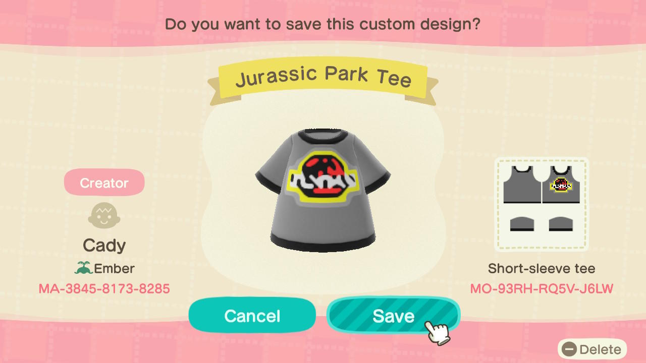 Animal Crossing Design Code: MO-93RH-RQ5V-J6LW Jurassic Park Tee