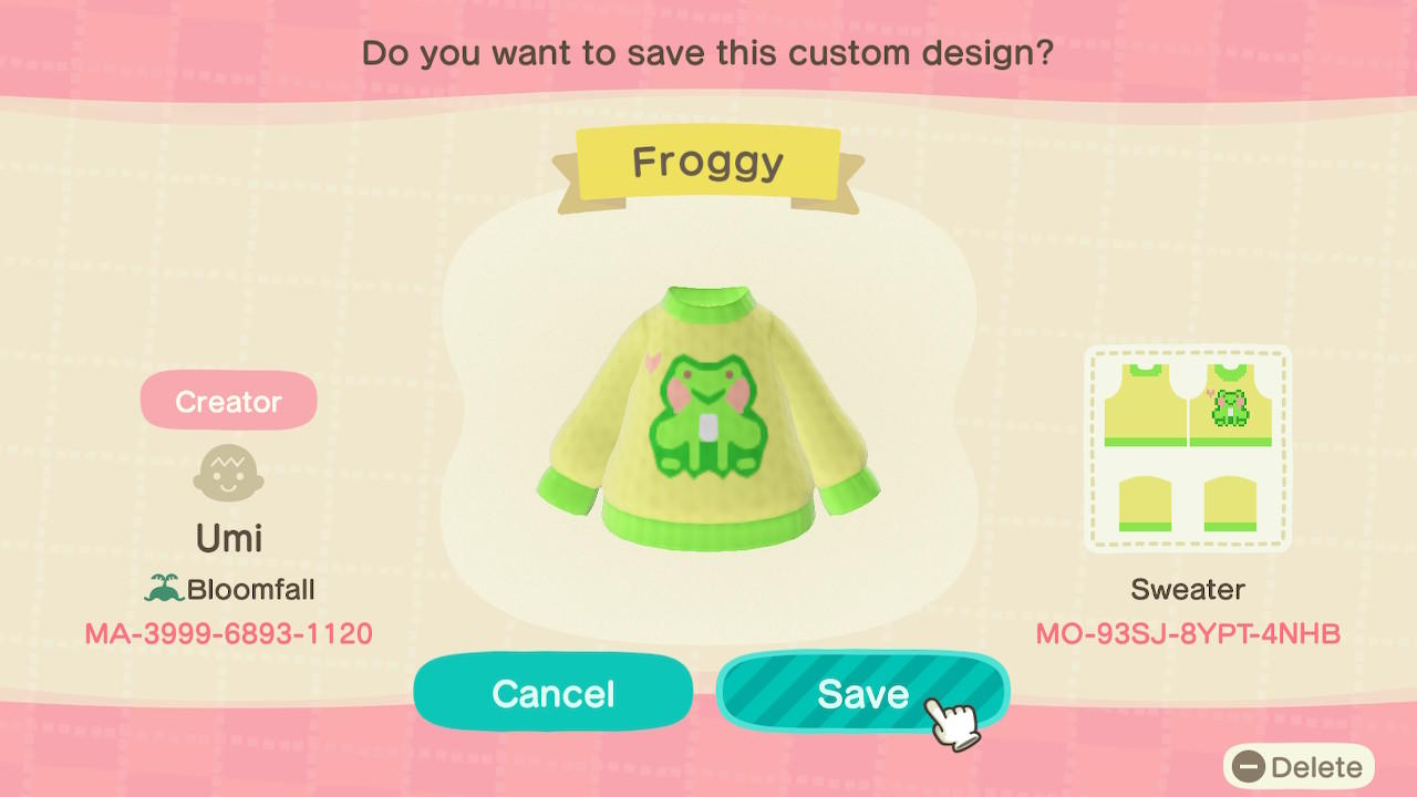 Animal Crossing Design Code: MO-93SJ-8YPT-4NHB Froggy