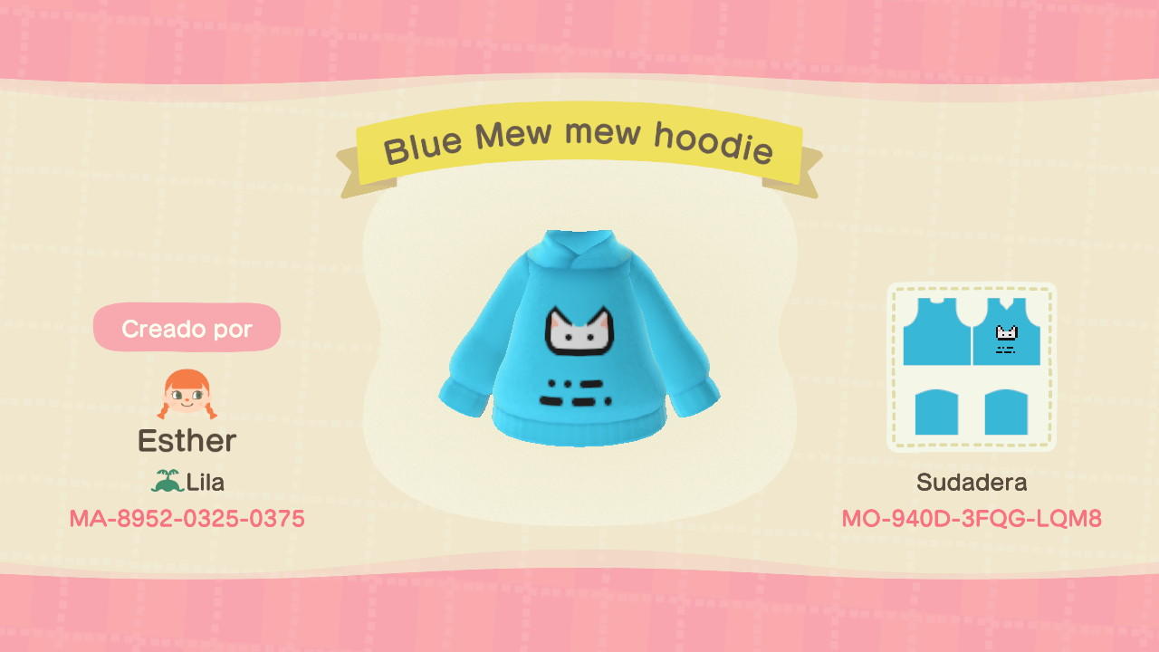 Animal Crossing Design Code: MO-940D-3FQG-LQM8 Blue Mew Mew Hoodie