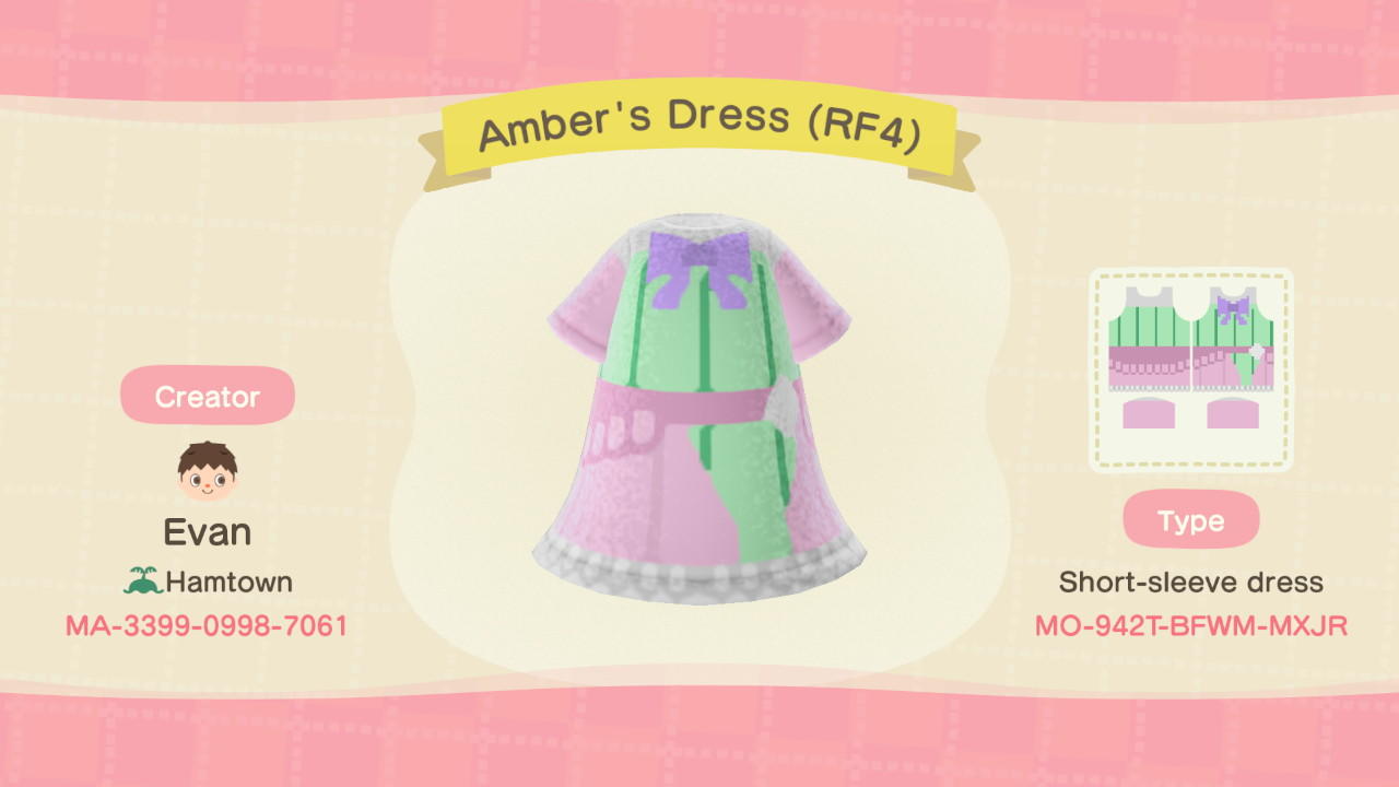 Animal Crossing Design Code: MO-942T-BFWM-MXJR Amber's Dress (RF4)