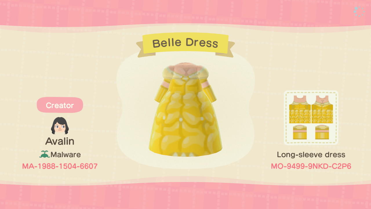 Animal Crossing Design Code: MO-9499-9NKD-C2P6 Belle Dress