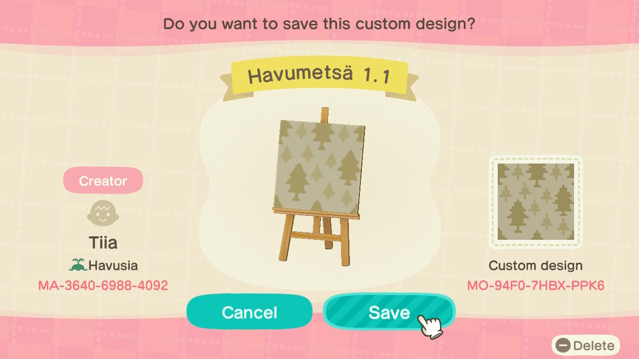 Animal Crossing Design Code: MO-94F0-7HBX-PPK6 Havumetsä 1.1