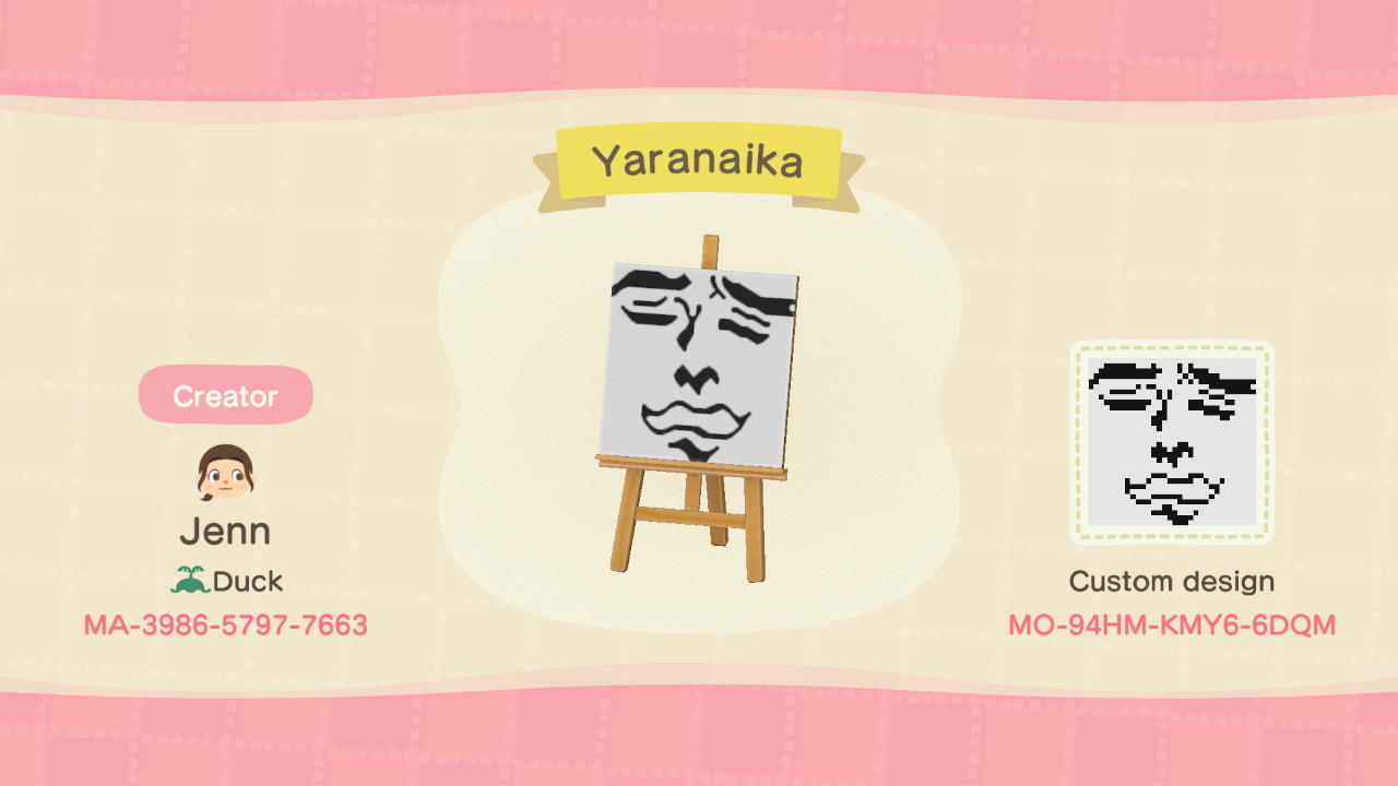 Animal Crossing Design Code: MO-94HM-KMY6-6DQM Yaranaika