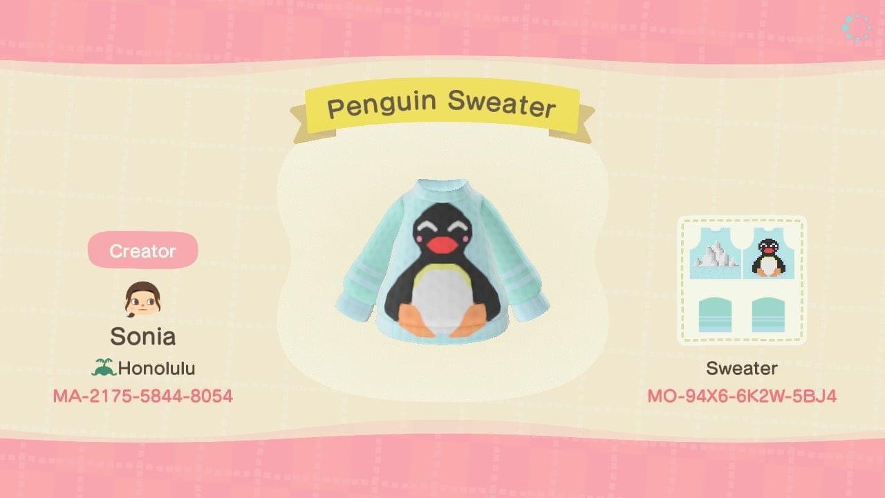 Animal Crossing Design Code: MO-94X6-6K2W-5BJ4 Penguin Sweater