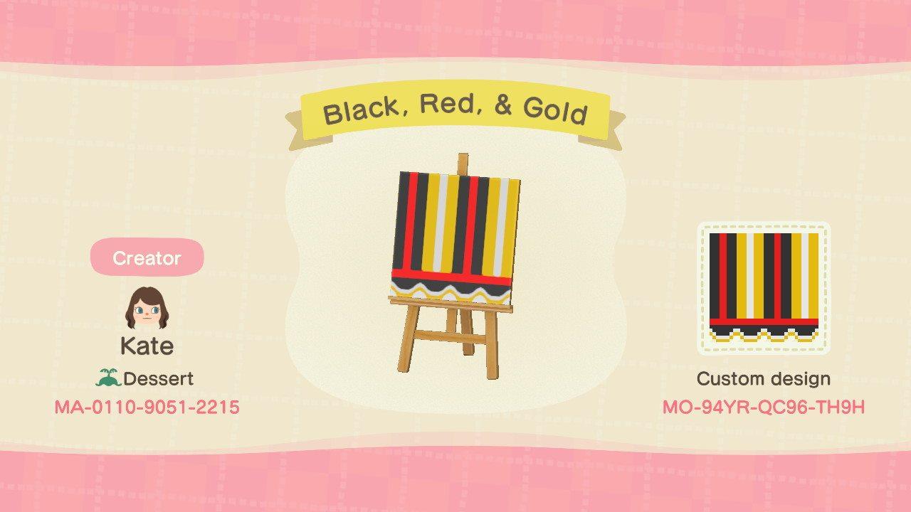 Animal Crossing Design Code: MO-94YR-QC96-TH9H Black, Red, & Gold