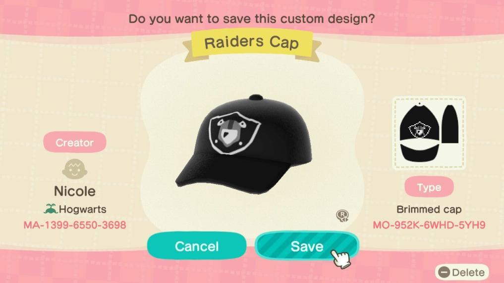 Animal Crossing Design Code: MO-952K-6WHD-5YH9 Raiders Cap
