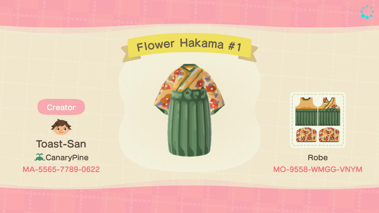 Animal Crossing Design Code: MO-9558-WMGG-VNYM Hakama G/B Flowers R