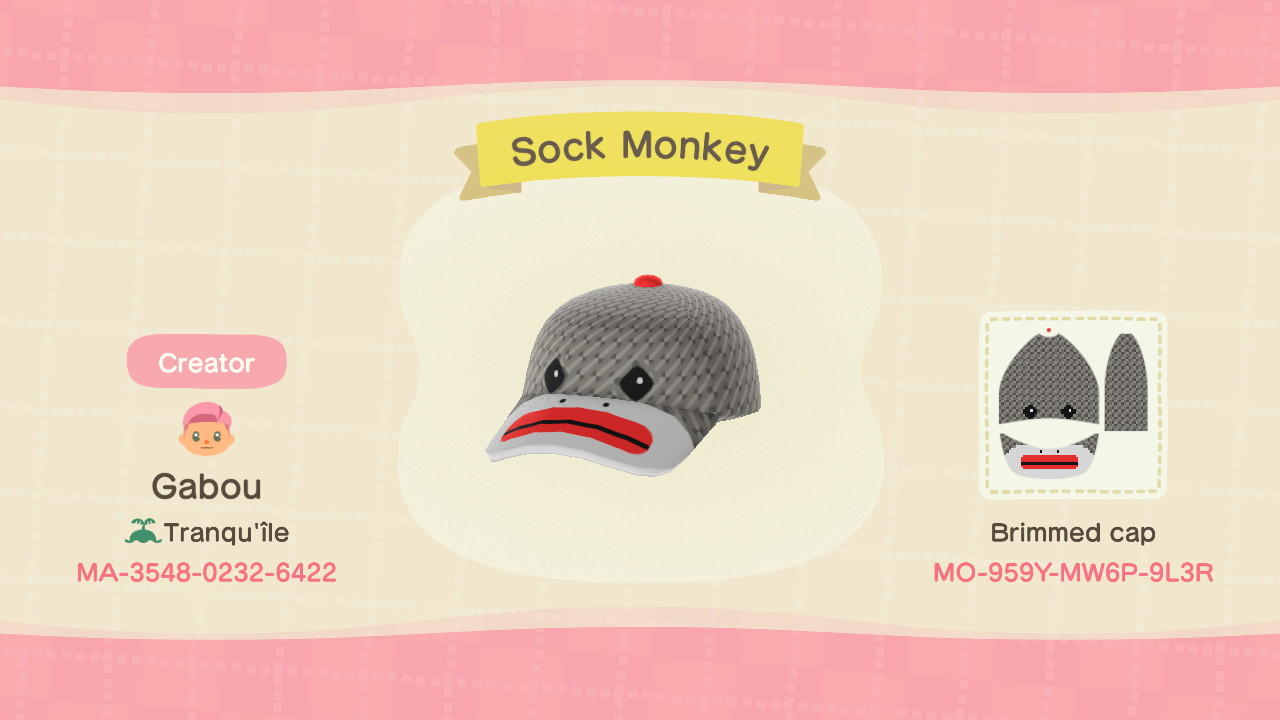 Animal Crossing Design Code: MO-959Y-MW6P-9L3R Sock Monkey