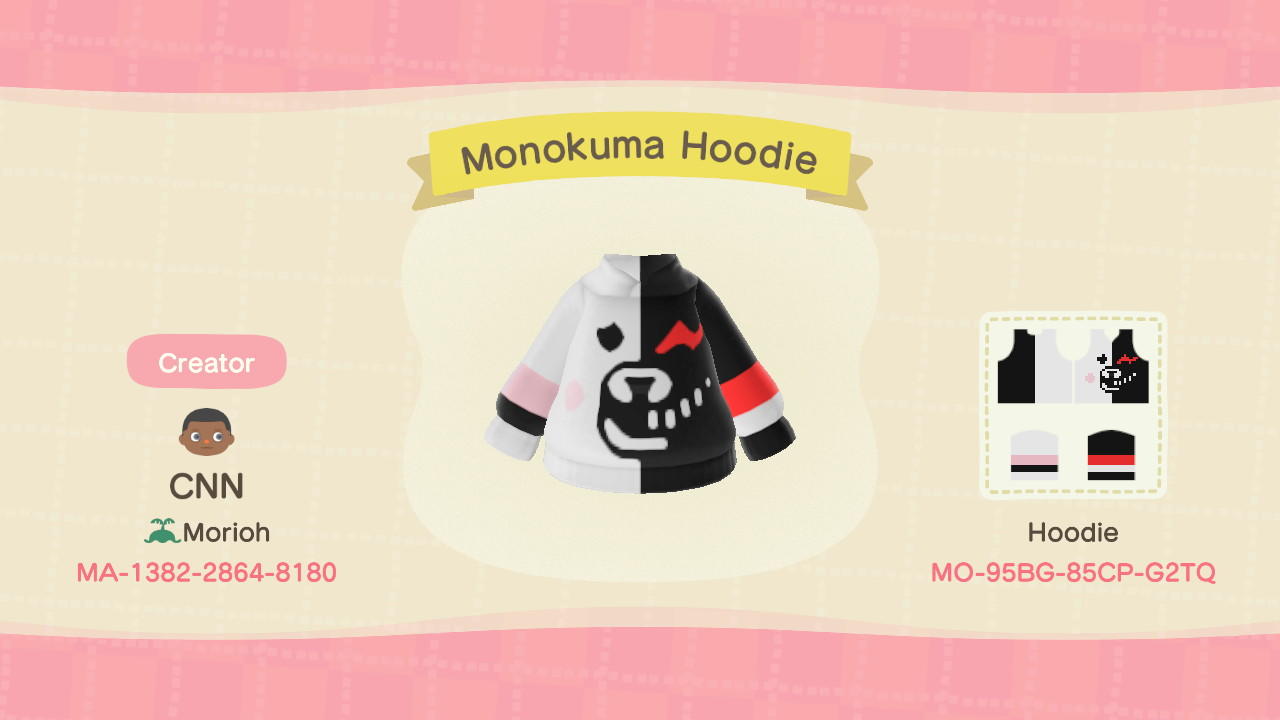 Animal Crossing Design Code: MO-95BG-85CP-G2TQ Monokuma Hoodie