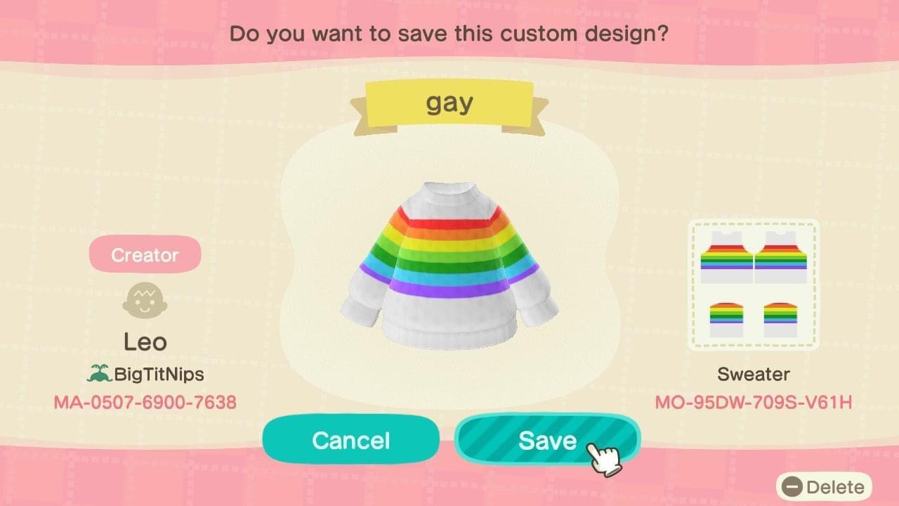 Animal Crossing Design Code: MO-95DW-709S-V61H Gay