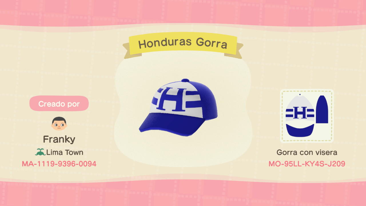 Animal Crossing Design Code: MO-95LL-KY4S-J209 Honduras Gorra