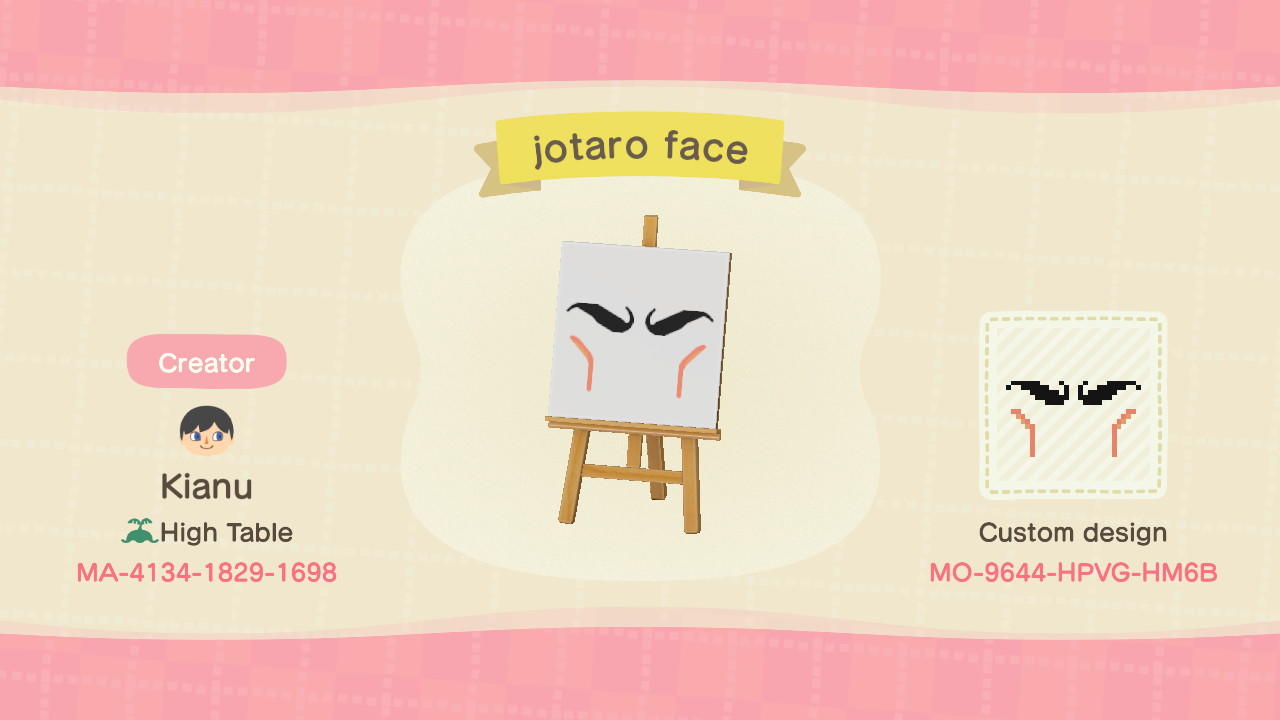 Animal Crossing Design Code: MO-9644-HPVG-HM6B jotaro face
