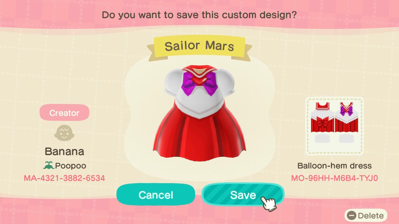 Animal Crossing Design Code: MO-96HH-M6B4-TYJ0 Sailor Mars