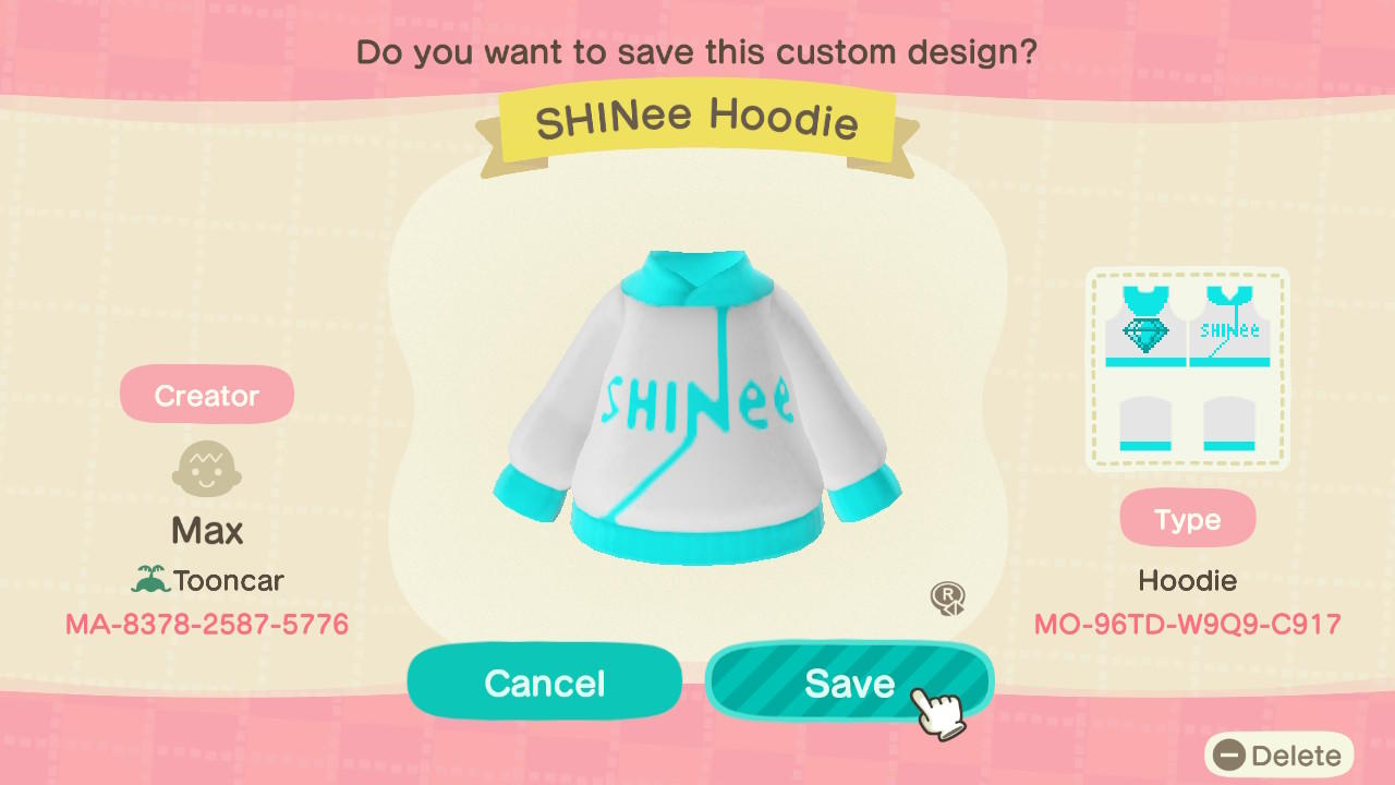 Animal Crossing Design Code: MO-96TD-W9Q9-C917 SHINee Hoodie