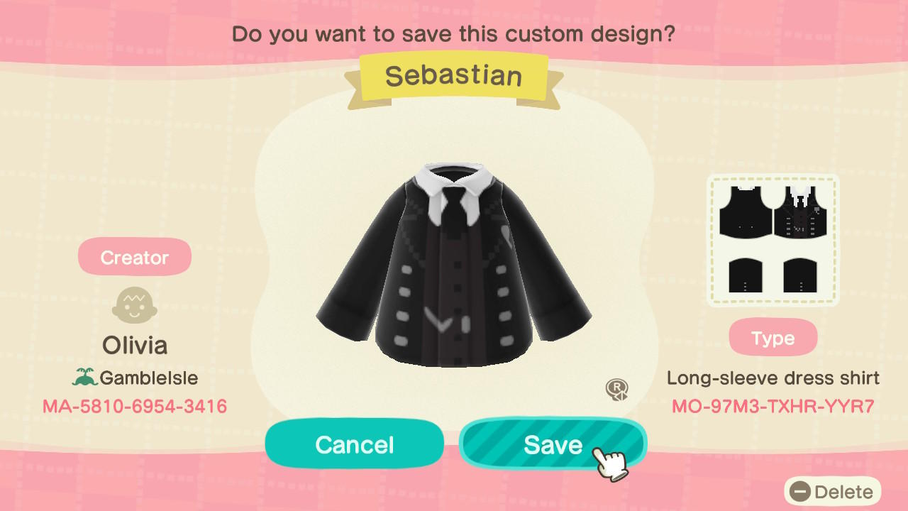 Animal Crossing Design Code: MO-97M3-TXHR-YYR7 Sebastian