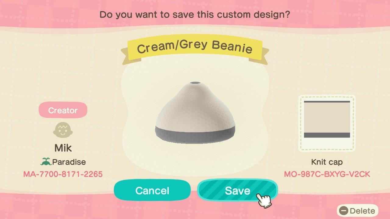 Animal Crossing Design Code: MO-987C-BXYG-V2CK Cream/Grey Beanie