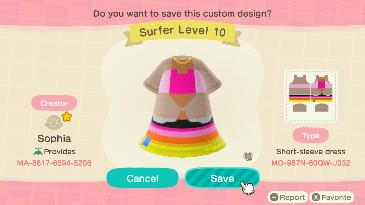 Animal Crossing Design Code: MO-987N-60QW-J032 Surfer Level 10