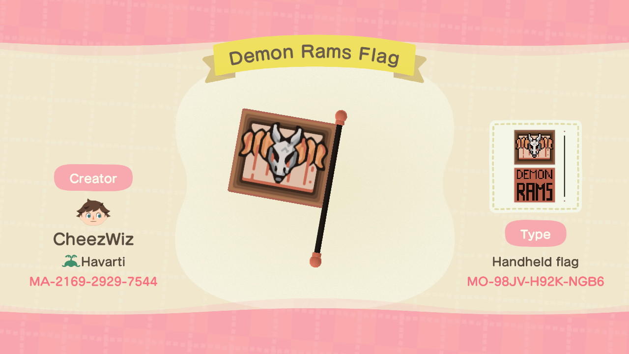 Animal Crossing Design Code: MO-98JV-H92K-NGB6 Demon Rams Flag