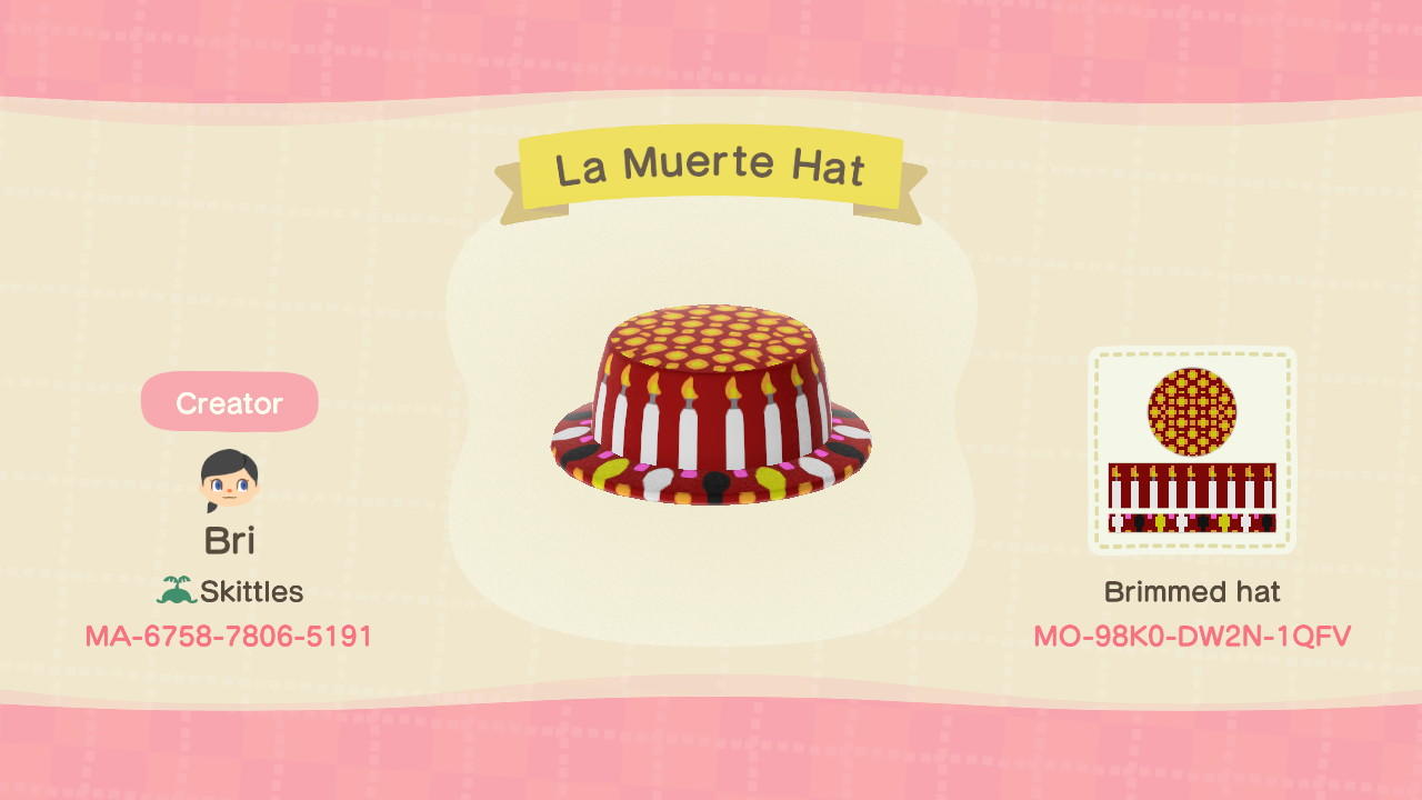 Animal Crossing Design Code: MO-98K0-DW2N-1QFV La Muerte Hat