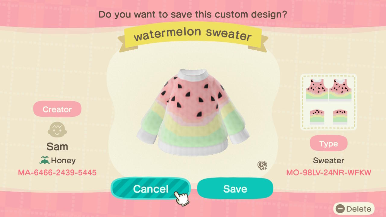 Animal Crossing Design Code: MO-98LV-24NR-WFKW Watermelon Sweater