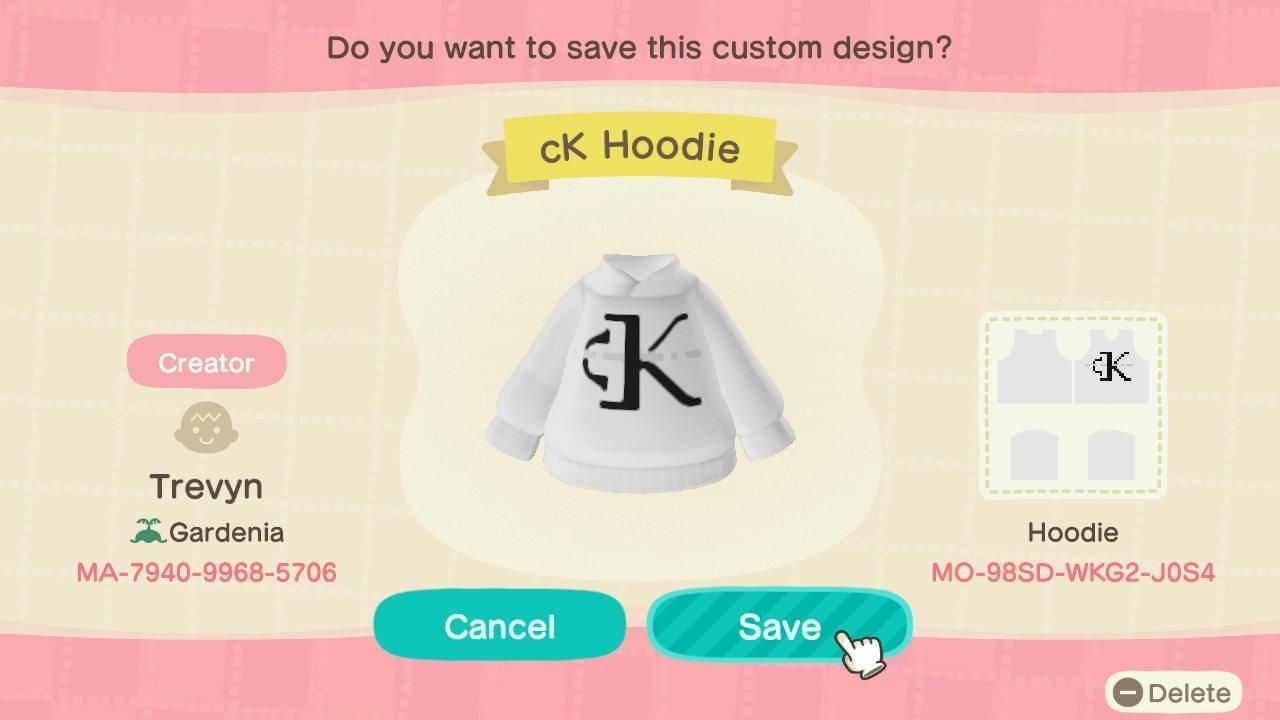 Animal Crossing Design Code: MO-98SD-WKG2-J0S4 cK Hoodie